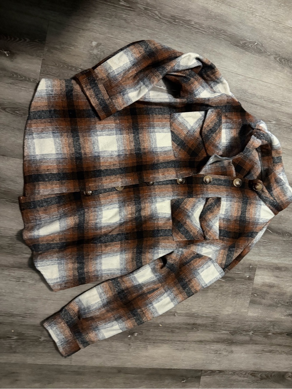 Women's Plaid Utility Shacket Jacket in Brown & White
